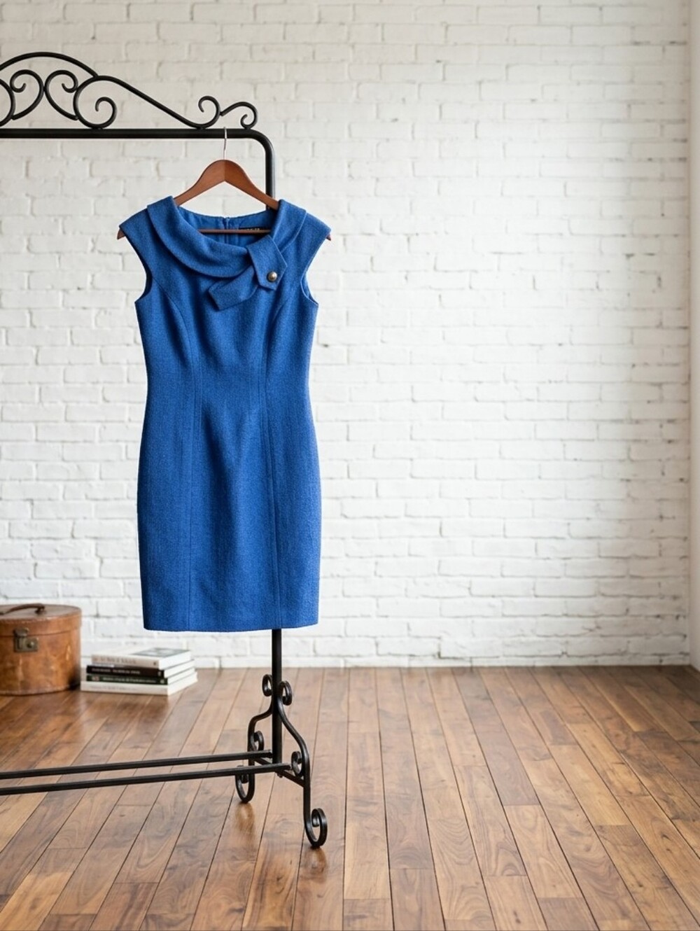 David Meister Cobalt Blue Sheath Dress with Draped Collar